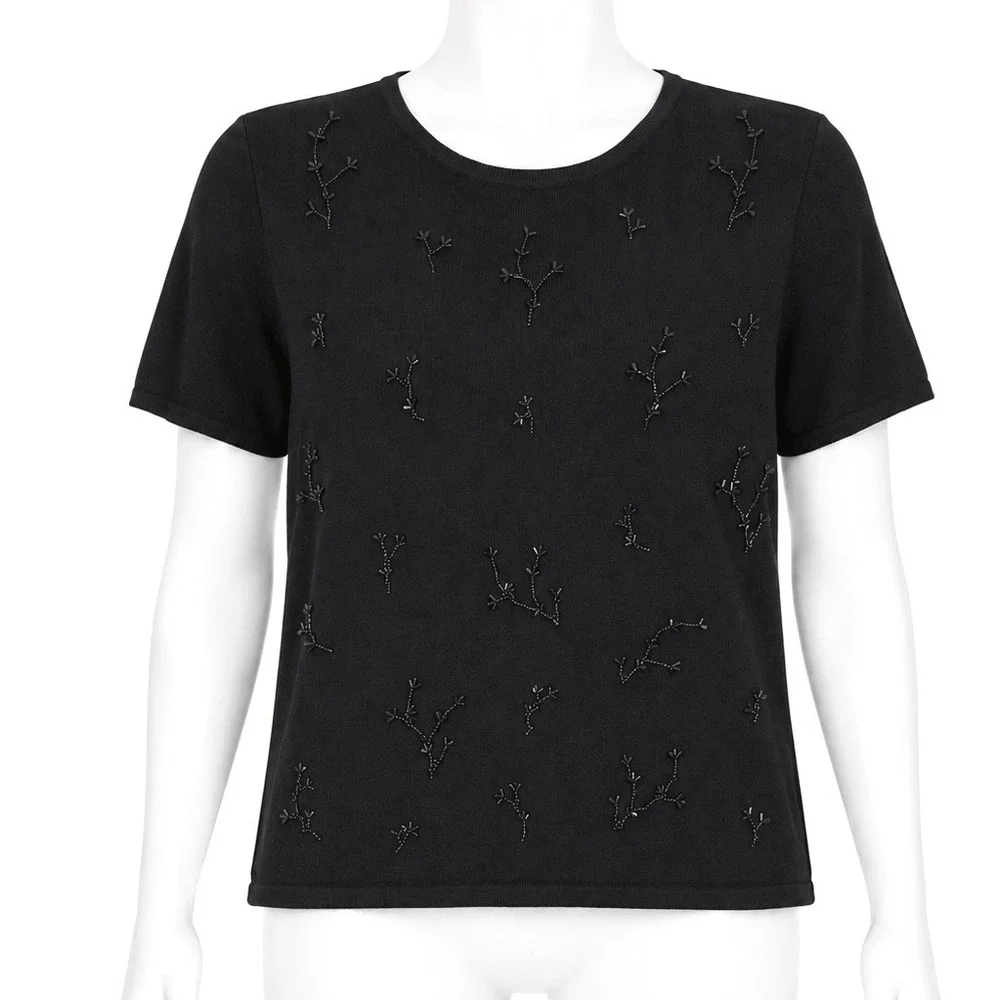 Jenny Buchanan Beaded Sweater Size Medium Black Whimsigoth Short Sleeve Knit Top